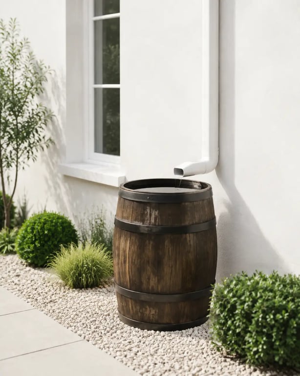 Tonneau décoration extérieur utilisé comme récupérateur d’eau de pluie