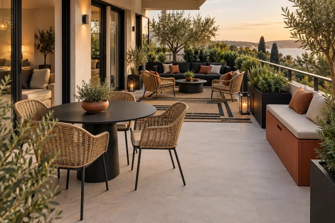 Décoration de balcon extérieur avec coin repas, salon de jardin et grandes jardinières
