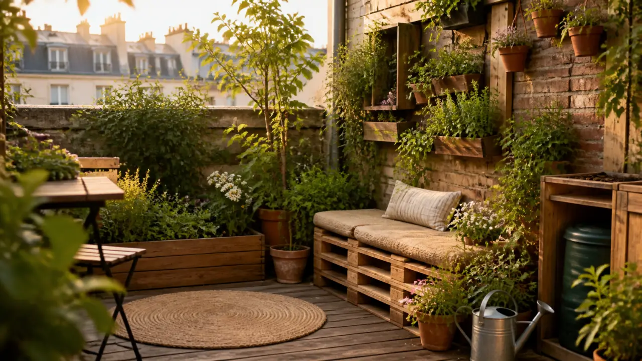 Patio urbain végétalisé avec pots en terre cuite, assises en bois clair et feuillage doux