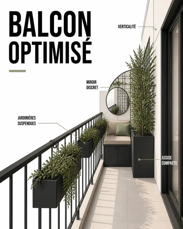 Idée décoration extérieur pour un balcon avec jardinières suspendues et miroir de jardin