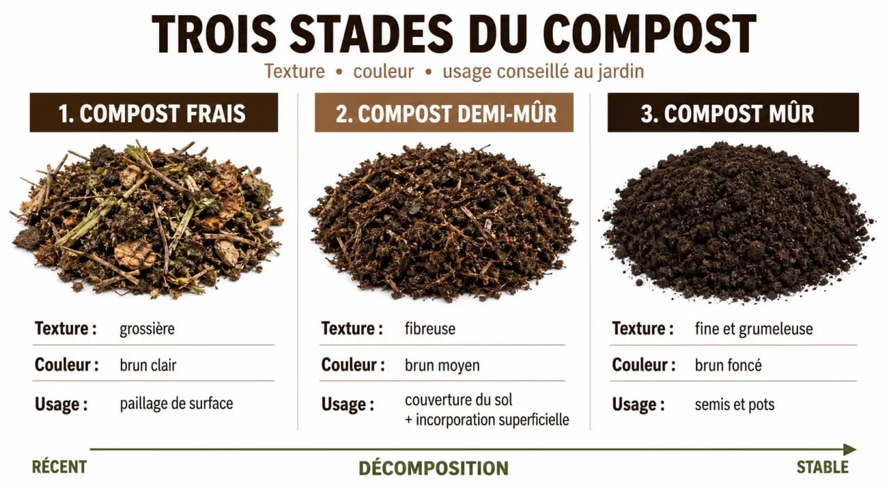 Compost pour jardin : stades du compost frais, demi-mûr et mûr avec usages au potager