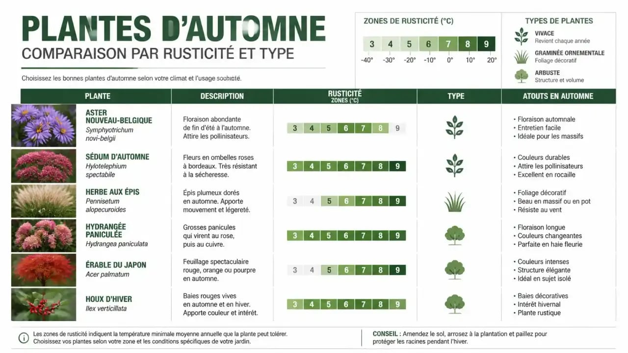 Infographie comparative des plantes pour une décoration automne extérieur