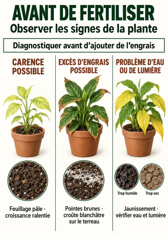Infographie de diagnostic avant l’utilisation d’un engrais plante verte face aux feuilles jaunes