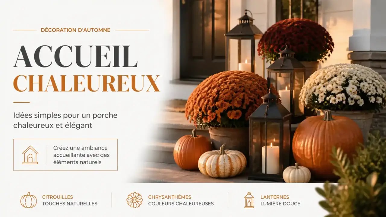 Décoration automne extérieur sur un perron avec des citrouilles et des chrysanthèmes