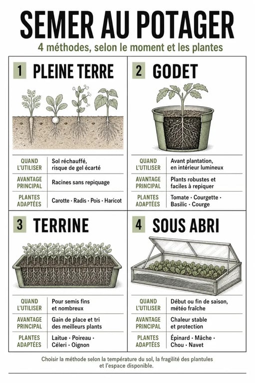 Calendrier des plantations potager comparant semis en pleine terre, en godet, en terrine et sous abri