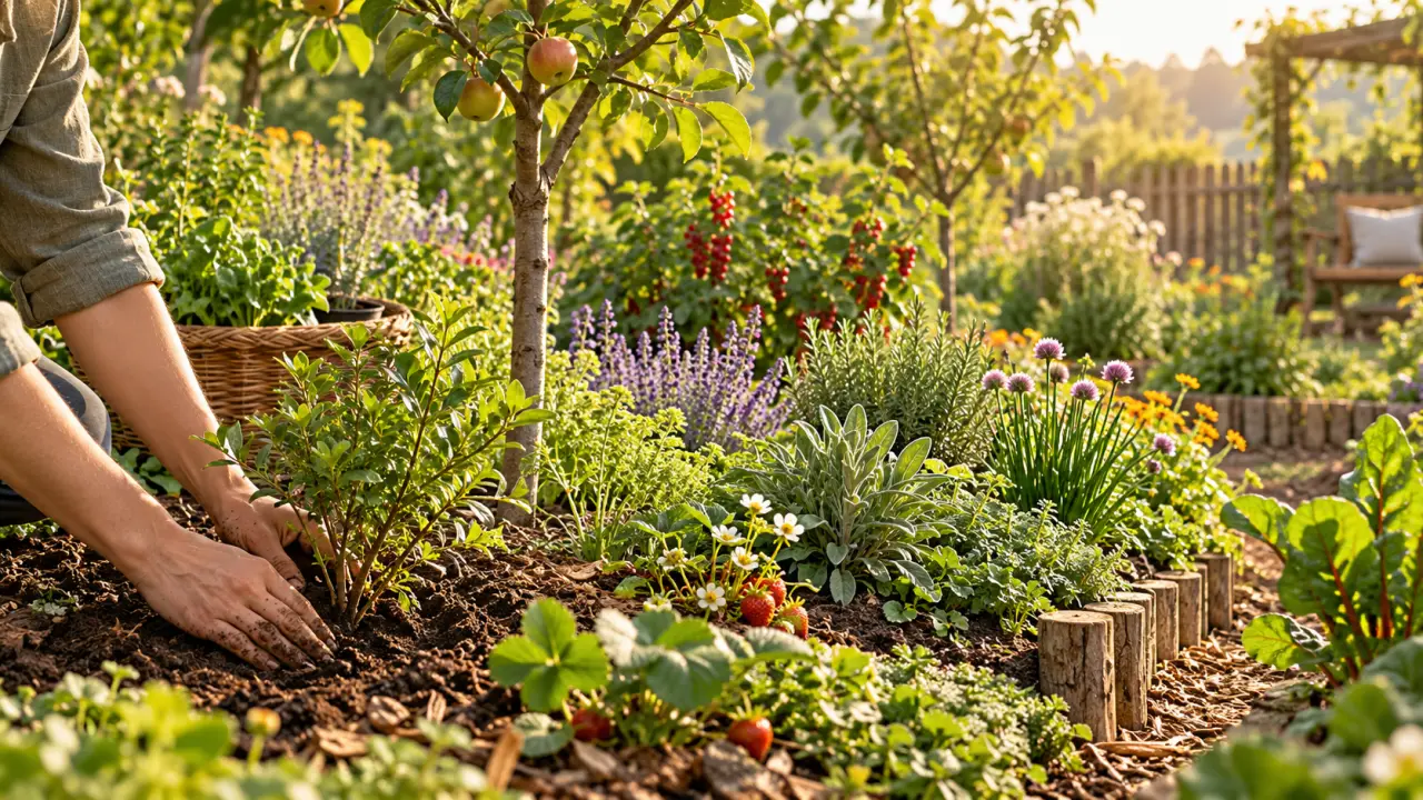Jeune jardin-forêt composé d'arbres fruitiers, d'arbustes et de plantes vivaces