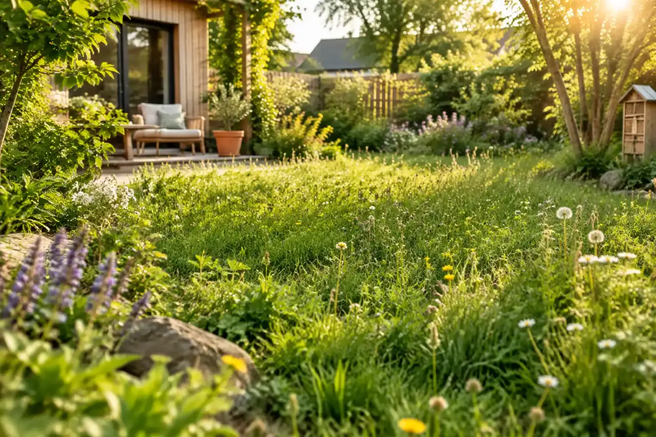 Pelouse naturelle non tondue avec herbes hautes et fleurs sauvages dans un jardin lumineux