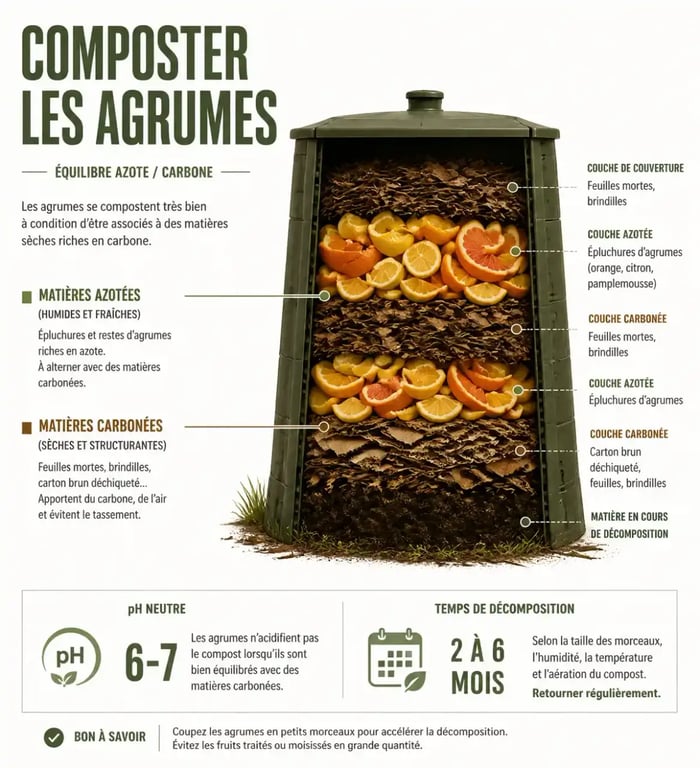 Schéma du compostage des épluchures d'agrumes en couches équilibrées avec matières carbonées