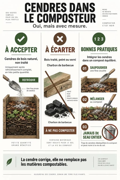 Infographie sur les cendres dans composteur : types de cendres acceptés, précautions et erreurs à éviter