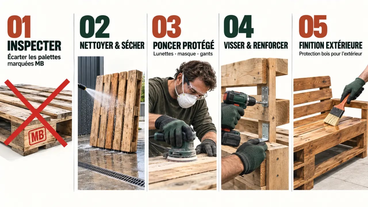 Étapes de fabrication de meubles de jardin en palettes, du choix du bois à l’assemblage