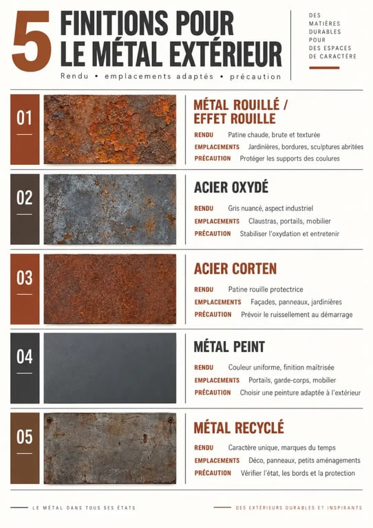 Infographie des finitions pour une décoration métal extérieur : métal rouillé, acier Corten, métal peint et métal recyclé