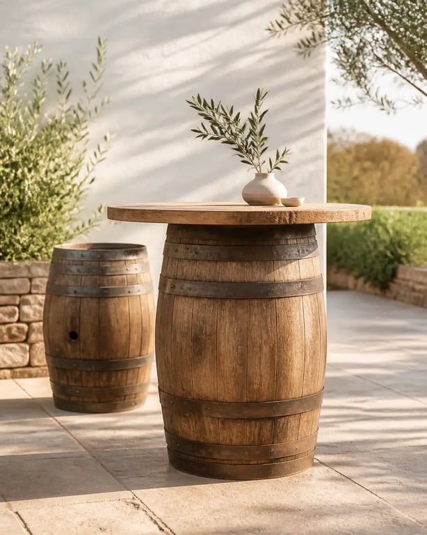 Tonneau décoration extérieur mis en scène sur une terrasse de jardin avec plateau en bois