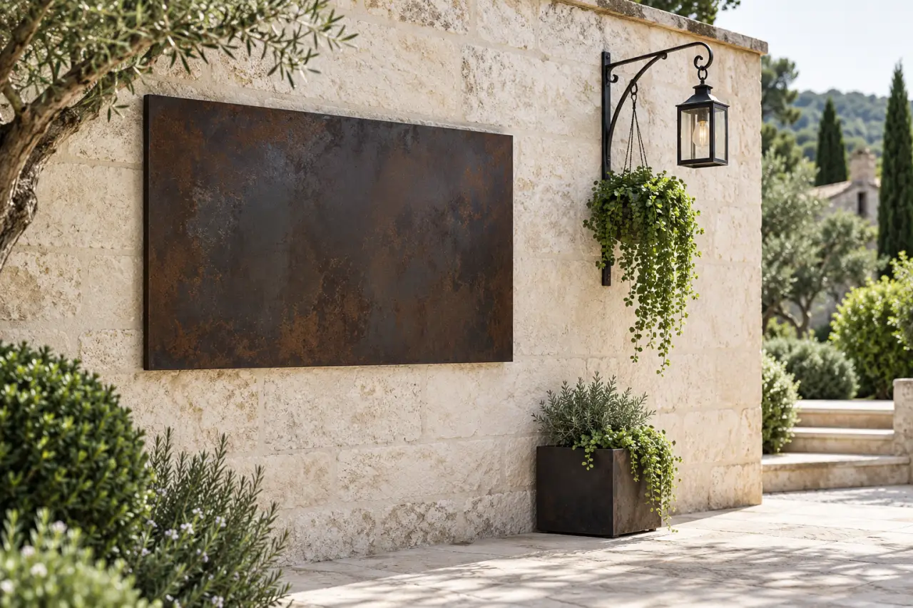 Décoration mur extérieur avec plaque en métal, potence et lanterne sur une terrasse
