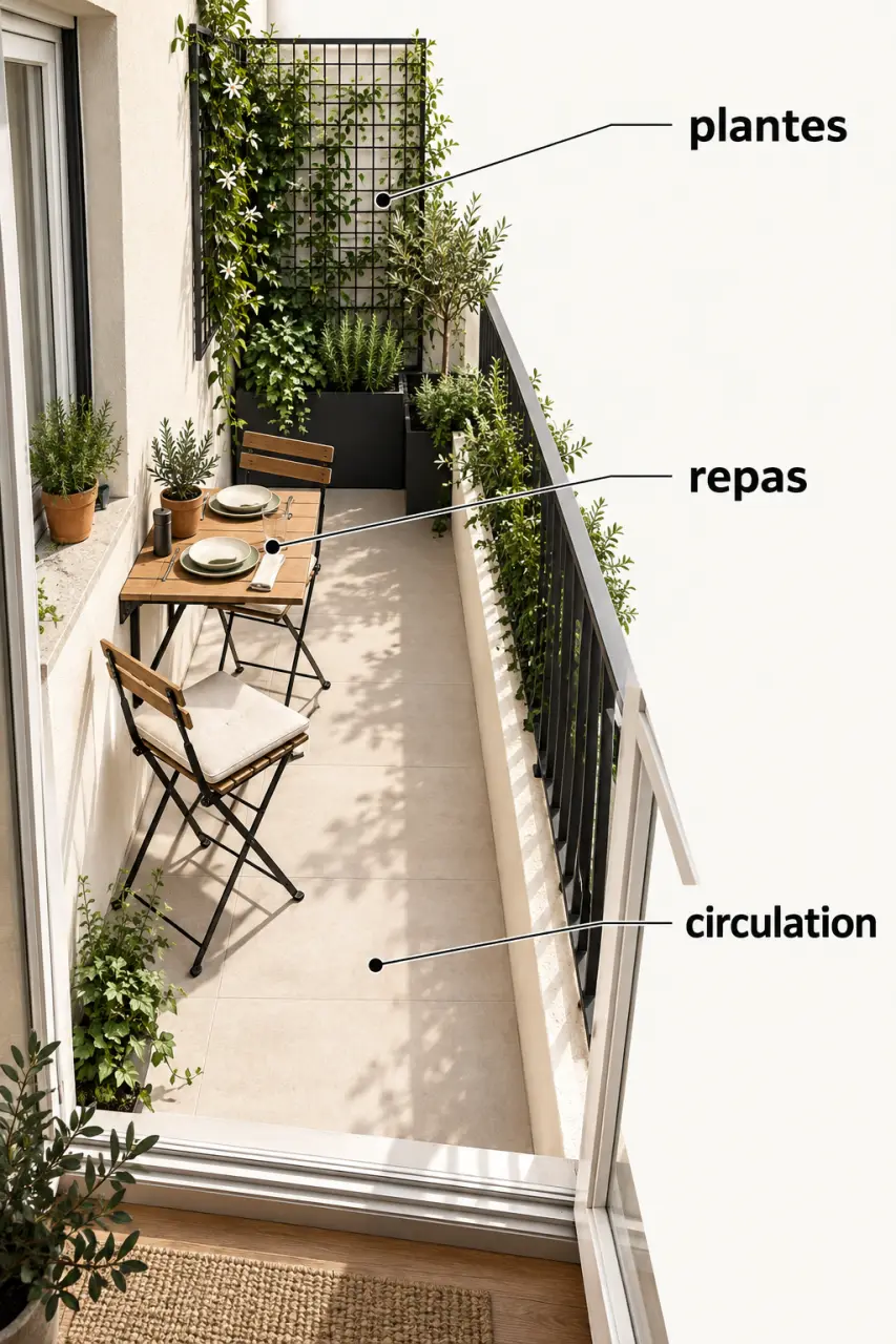 Balcon terrasse aménagement avec circulation dégagée, mobilier pliant et plantes verticales