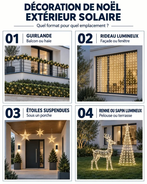 Décoration de Noël extérieur solaire selon l’emplacement : guirlande, rideau lumineux, étoiles et renne