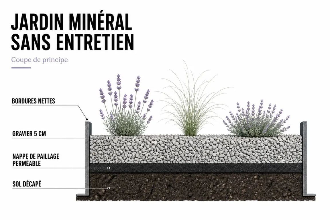 Jardin minéral sans entretien en coupe montrant le sol, la toile de paillage, le gravier et les bordures