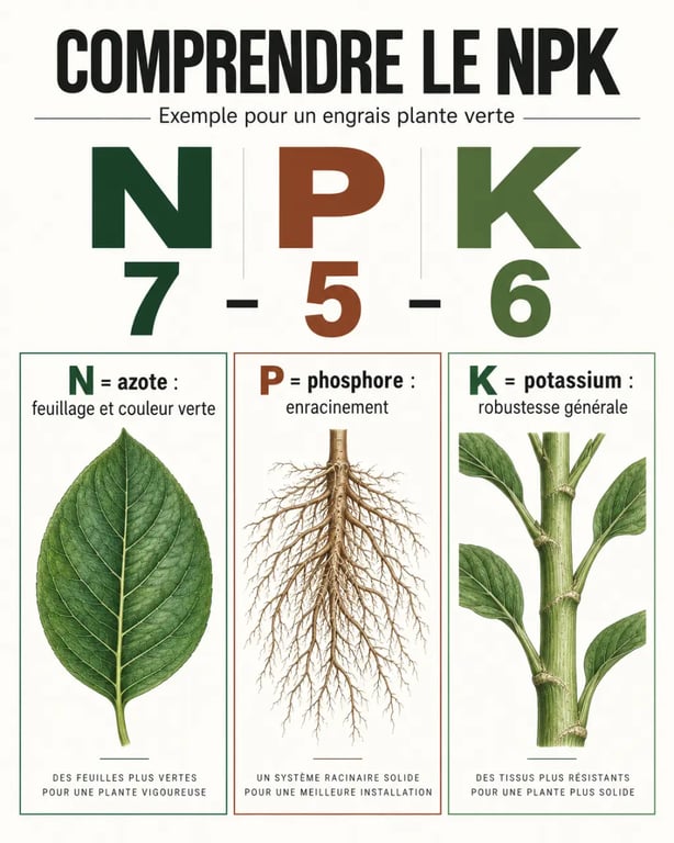 Infographie sur le NPK d’un engrais plante verte et le rôle de l’azote, du phosphore et du potassium
