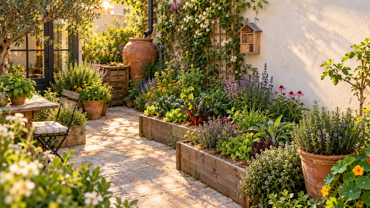 Patio urbain transformé en oasis permacole avec des plantes luxuriantes et des matériaux naturels