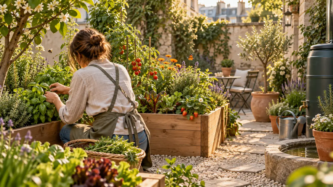 Micro-oasis comestible mêlant plantes aromatiques, légumes et fleurs dans un jardin naturel