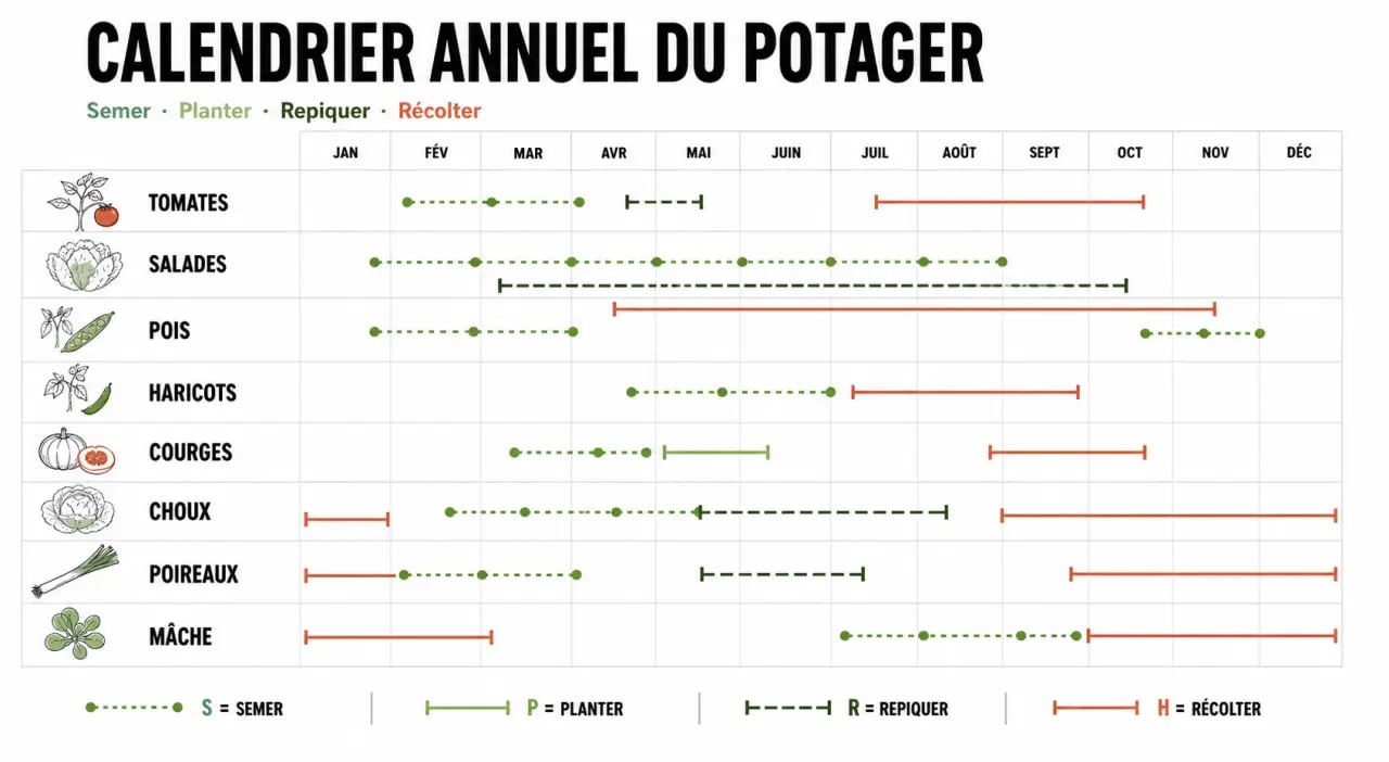 Calendrier des plantations potager mois par mois avec semis, plantations et récoltes au jardin
