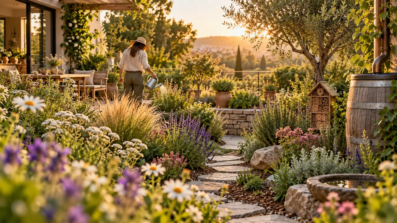Jardin naturel composé de plantes locales, de graminées et d'un espace de repos en bois