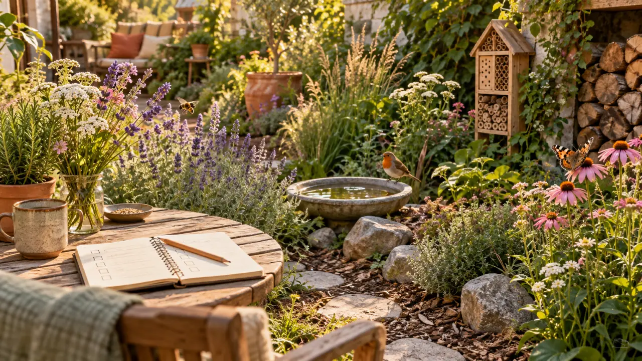 Jardin naturel accueillant des plantes locales, des fleurs et des abris pour la biodiversité