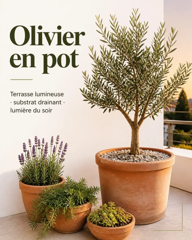 Décoration olivier extérieur en pot sur terrasse avec pots assortis et ambiance méditerranéenne