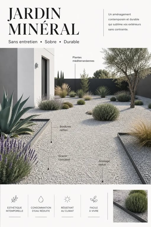 Jardin minéral sans entretien terminé avec gravier, bordures nettes et plantes sobres