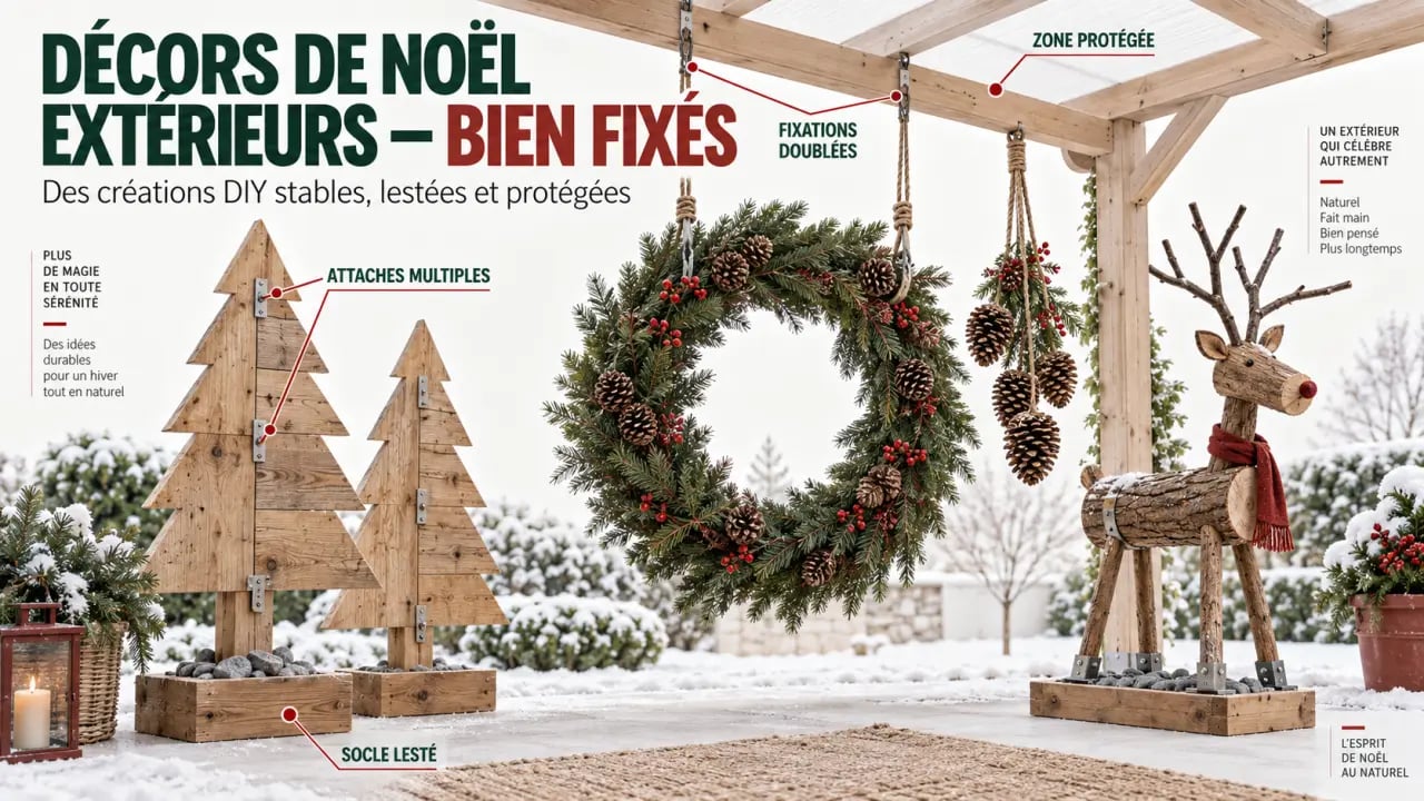Décorations de Noël extérieures à faire soi-même installées dans un jardin et protégées du vent