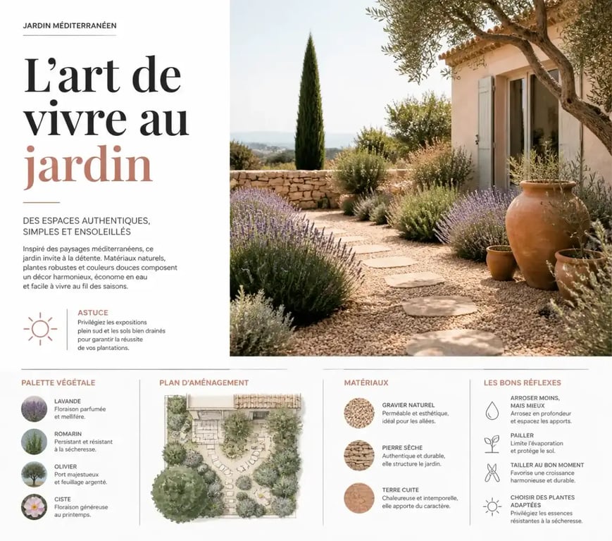 Jardin d'inspiration méditerranéenne avec gravier décoratif aux tons chauds et poteries en terre cuite.