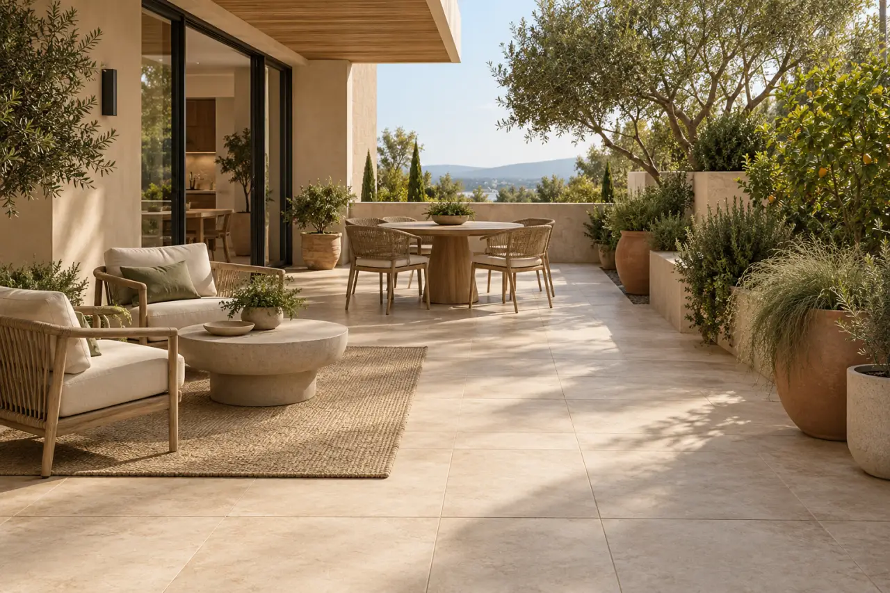 Décoration extérieur terrasse avec salon, plantes et éclairage doux