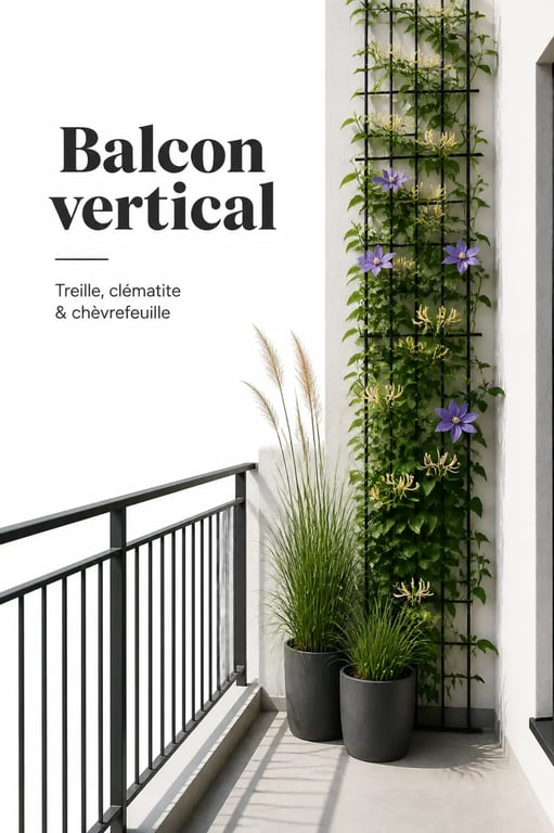 Plantes hautes pour balcon sur treille avec clématite et graminées hautes
