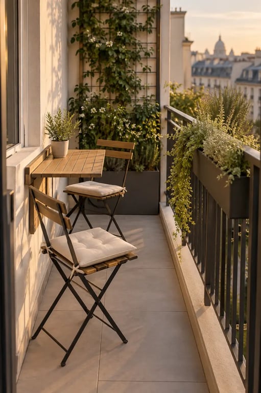 Décoration de balcon extérieur étroit avec mobilier pliant et végétation verticale