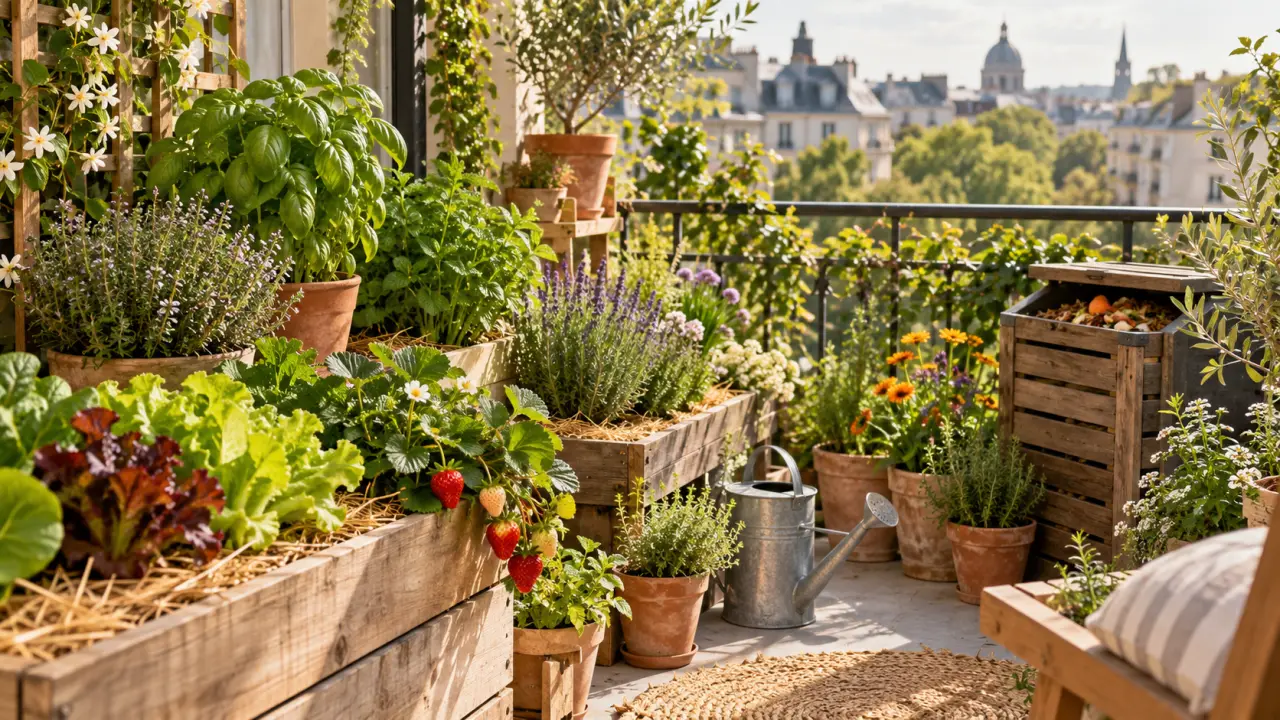 Balcon urbain aménagé en petit jardin nourricier avec des plantes en pots