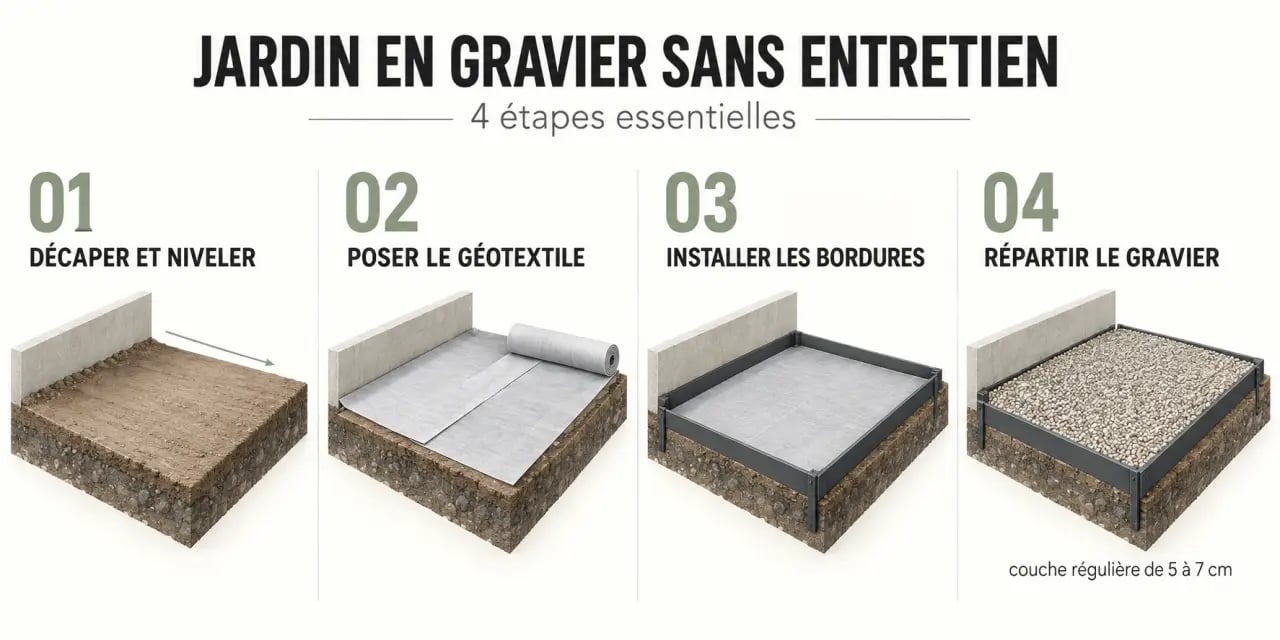 Étapes de pose d’un gravier jardin sans entretien avec géotextile et bordures