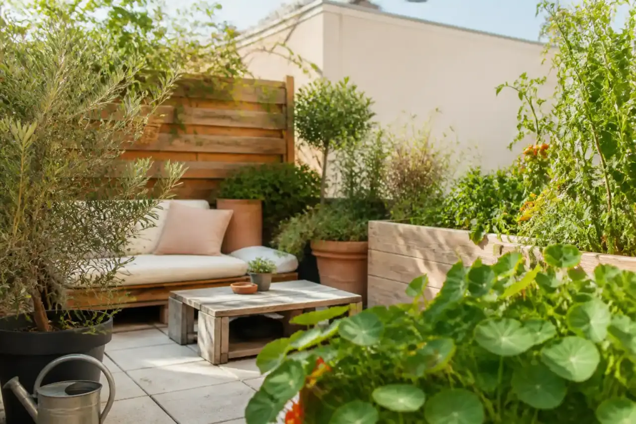 Patio urbain en permaculture avec pots en terre cuite, paillage et plantes méditerranéennes après un été chaud