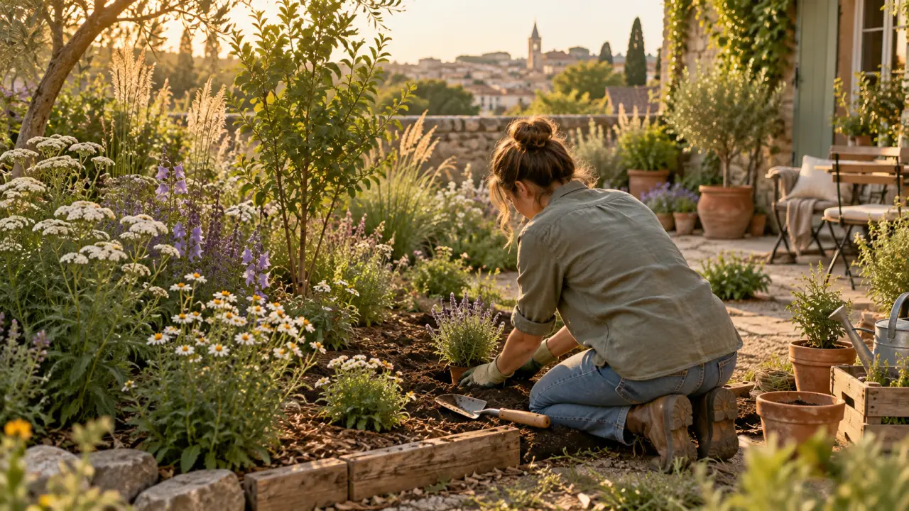 Jardin naturel composé de plantes locales, de graminées et de matériaux sobres