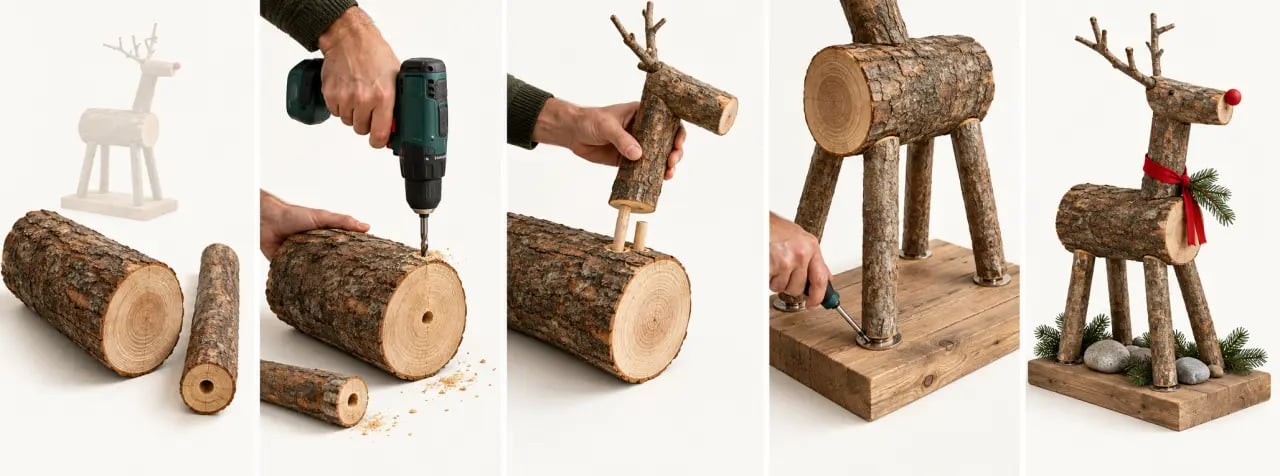 Fabrication d'une décoration de Noël extérieure à faire soi-même en forme de renne en rondins