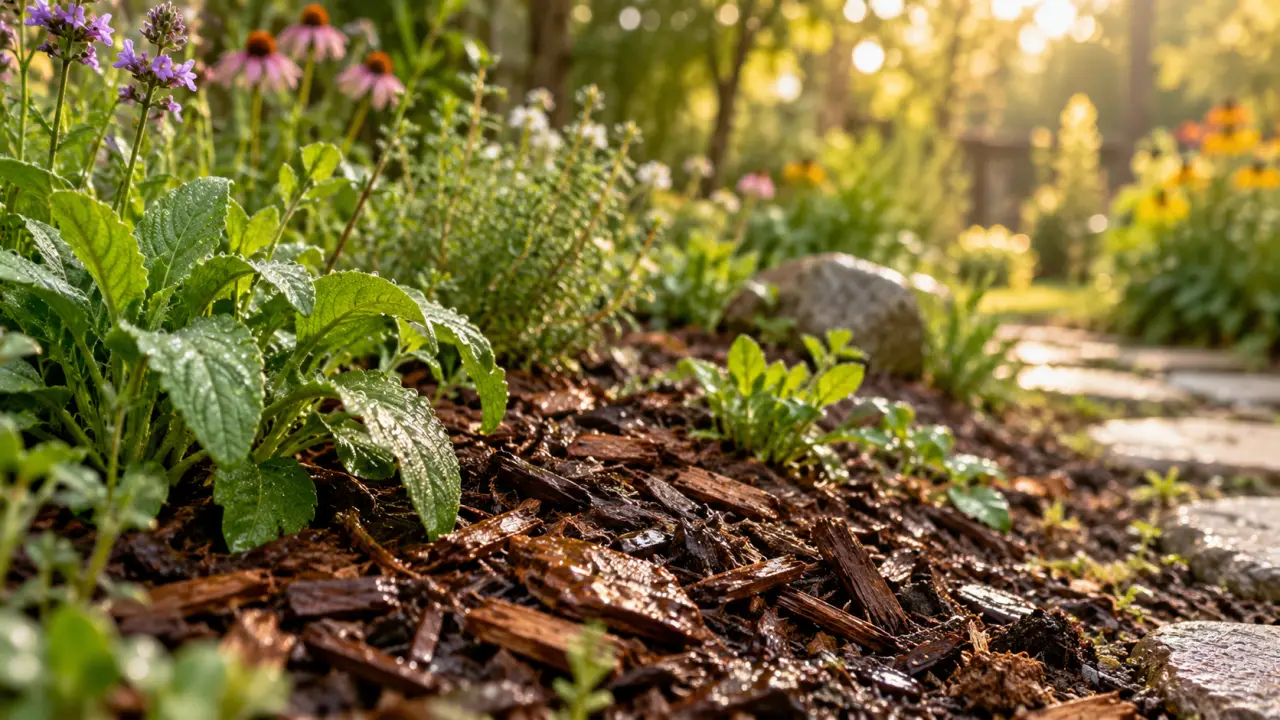 Paillage naturel humide après une pluie dans un jardin