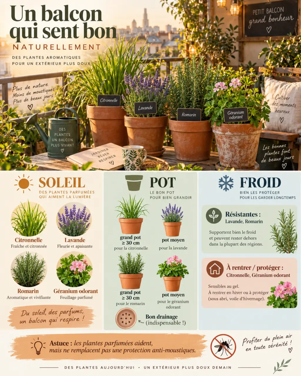 Quelles plantes anti-moustiques choisir pour un balcon selon le soleil, le pot et le froid ?