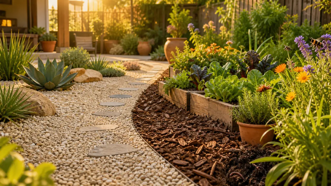 Paillage naturel dans un jardin chaleureux et végétal