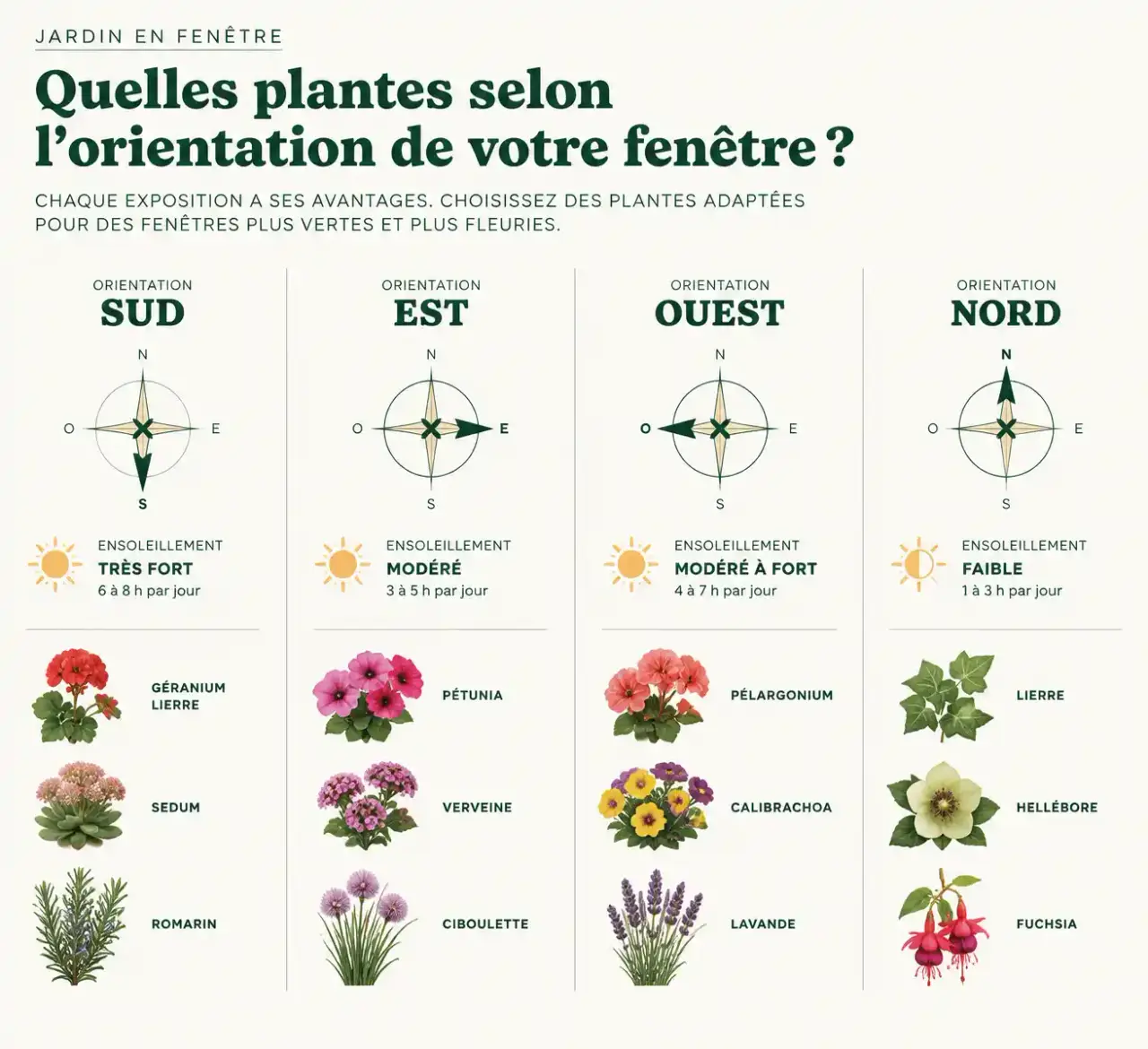 Infographie plante devant fenêtre extérieur : plantes adaptées selon l'exposition sud, est, ouest et nord