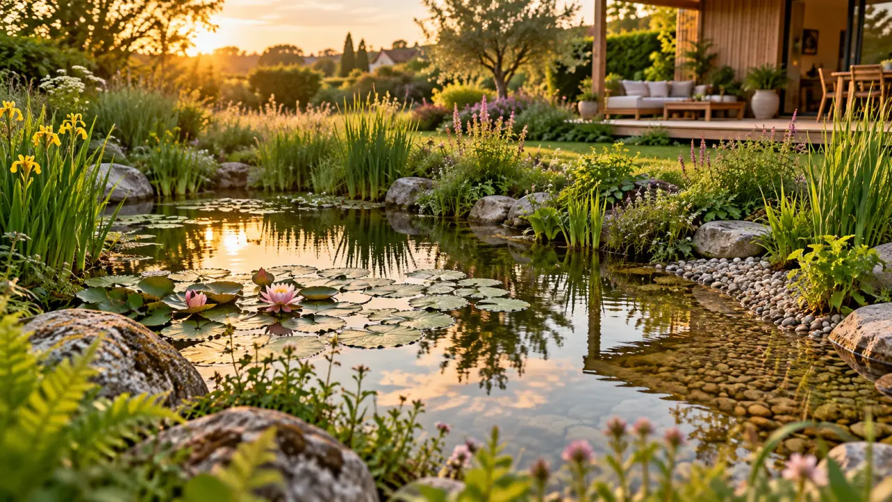 Petite mare naturelle intégrée dans un jardin vivant avec des plantes locales