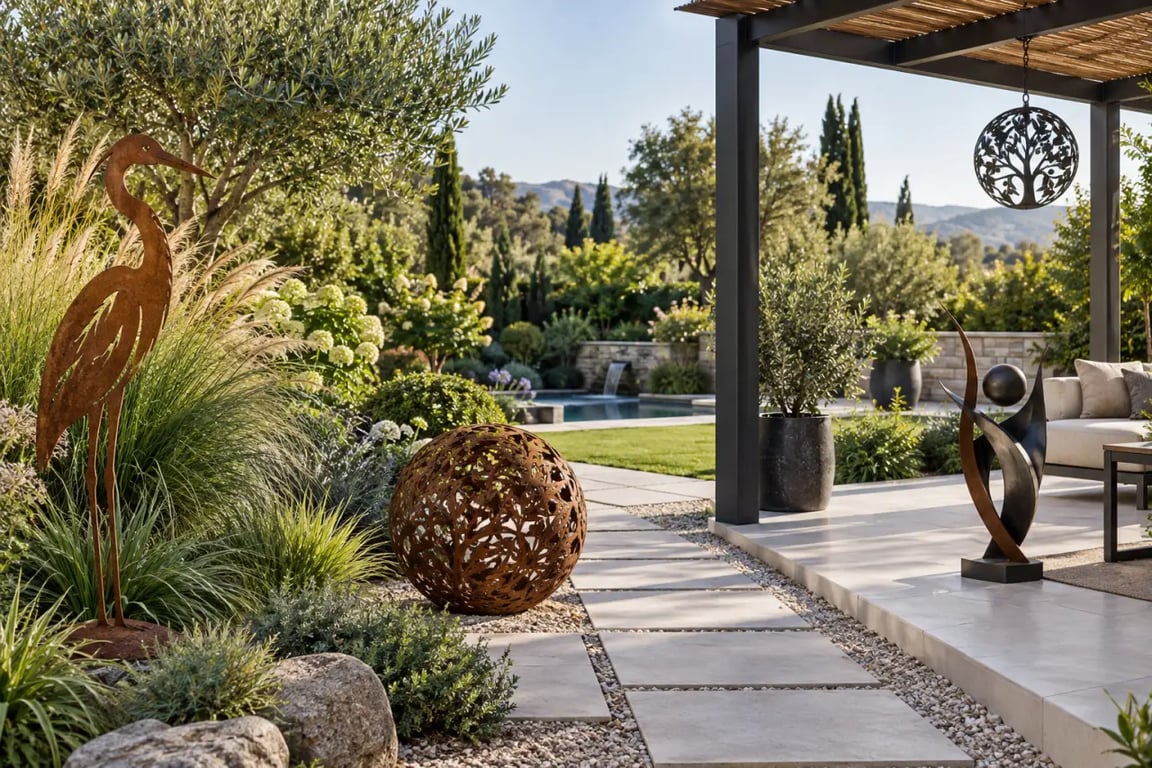 Décoration métal extérieur dans un massif, sur une terrasse et près d’une allée