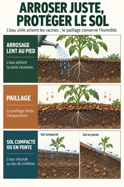 Infographie sur l’arrosage raisonné et le paillage pour l’entretien du jardin