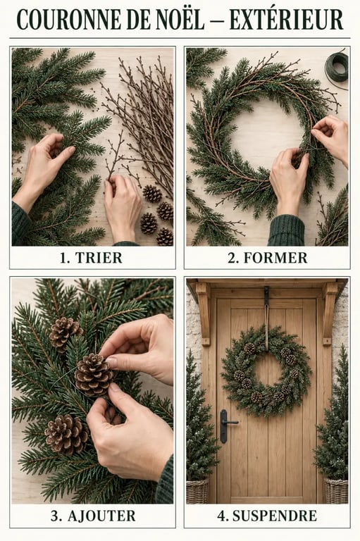 Étapes pour fabriquer une décoration de Noël extérieure à faire soi-même avec des branches et des pommes de pin