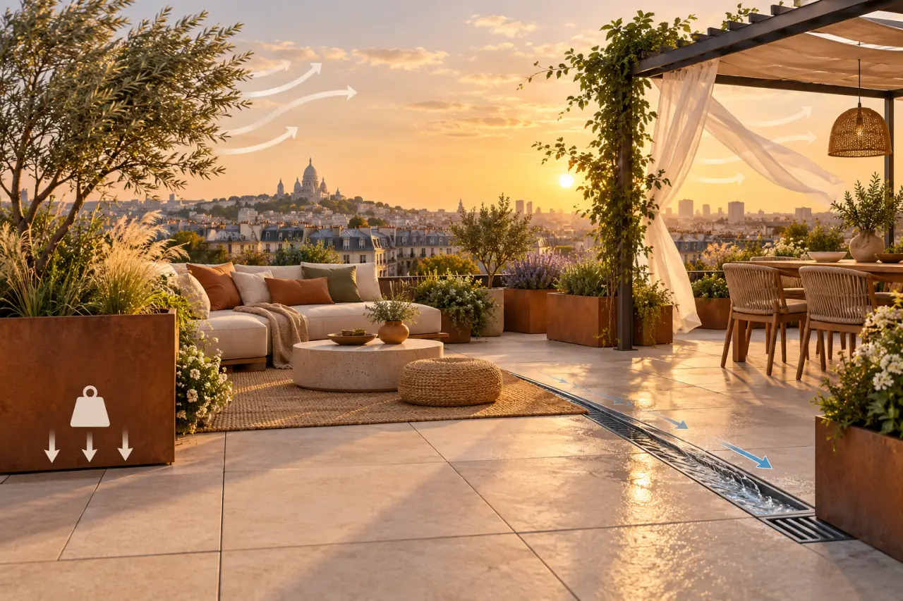 Aménagement toit terrasse : le poids, l’eau et le vent avant la déco