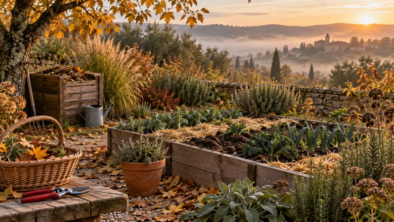 Jardin naturel préparé pour l’hiver avec paillage, feuillages et espace de culture