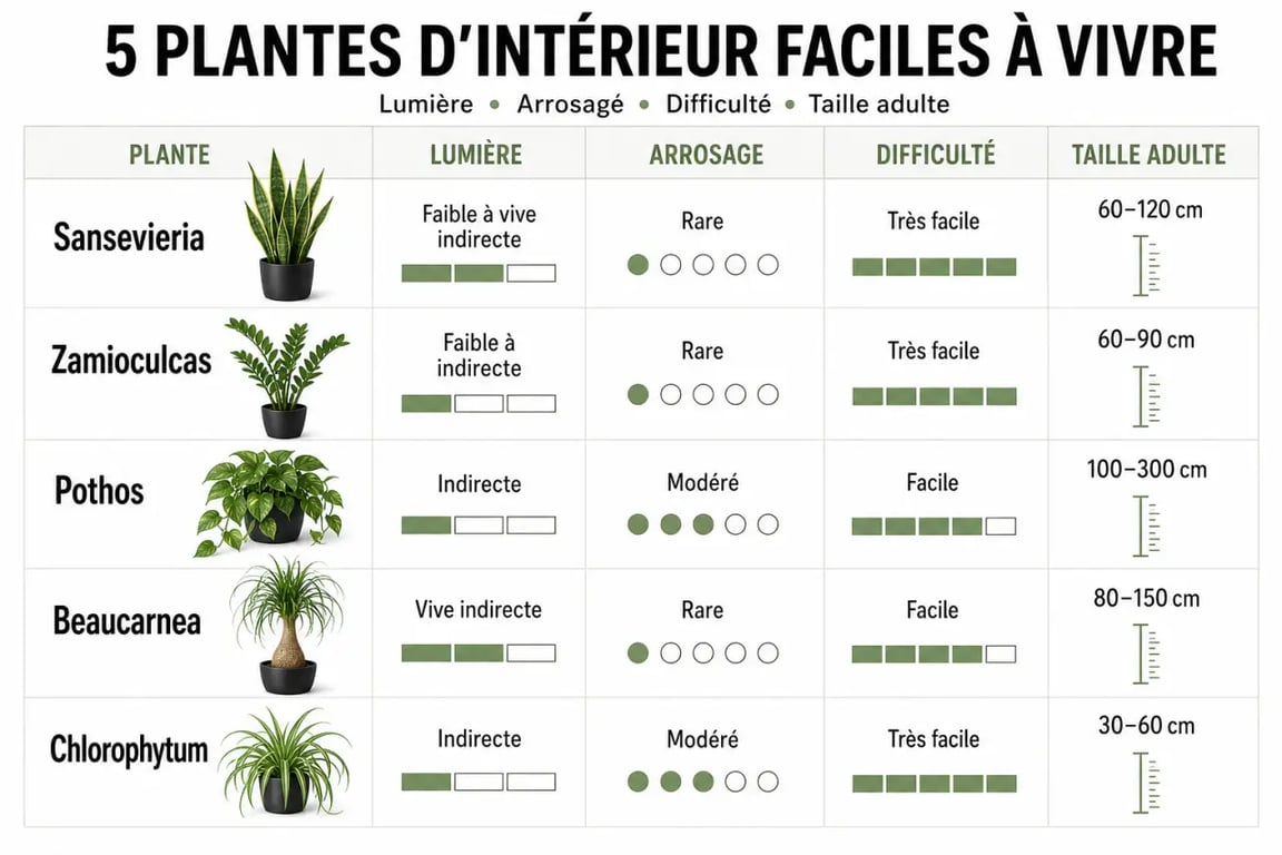 Plante sans entretien intérieur : comparatif visuel des variétés les plus faciles selon la lumière et l’arrosage