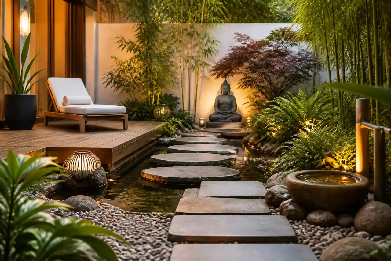 Un magnifique jardin naturel paysager à l'heure dorée